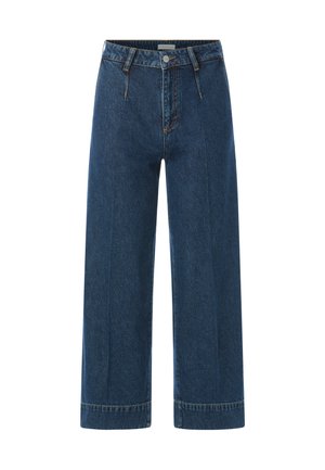 Dunkelblaue Schlagjeans aus Denim mit hoher Taille, vorderem Knopf- und Reißverschluss, Gürtelschlaufen und sichtbaren Nahtdetails.