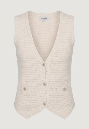 Gilet sans manches tricoté crème avec un profond décolleté en V, quatre boutons décoratifs en argent et deux petites poches avant.