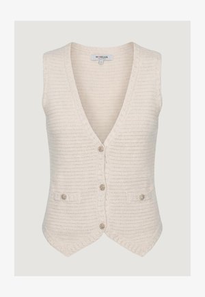 Gilet sans manches tricoté crème avec un profond décolleté en V, quatre boutons décoratifs en argent et deux petites poches avant.