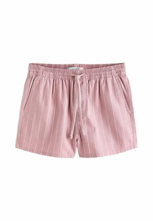 Rosa Baumwollshorts mit weißen vertikalen Streifen, elastischem Bund, Kordelzug und Seitentaschen.
