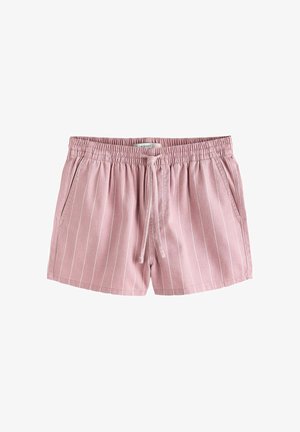 Rosa Baumwollshorts mit weißen vertikalen Streifen, elastischem Bund, Kordelzug und Seitentaschen.