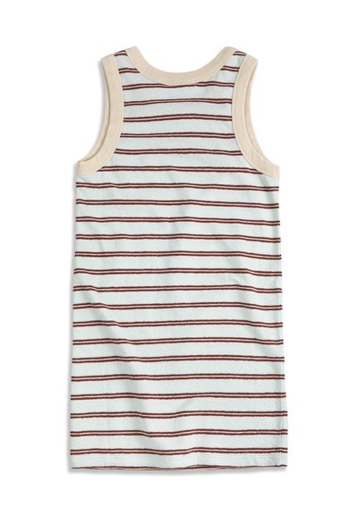 Débardeur sans manches avec des rayures horizontales marron sur un fond blanc et une bordure beige autour des emmanchures et de l'encolure.