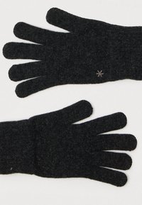 Guanti neri lavorati a maglia con cinque dita e tessuto strutturato, caratterizzati da un piccolo accento di stella ricamata in una tonalità più chiara.