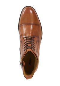 Brown leather ankle boot with smooth texture, lace-up design, and a side zipper. Features a rounded toe and contrasting stitching.