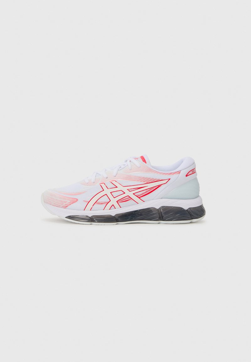 White athletic shoe with red accents, mesh upper, padded collar, and black rubber sole, featuring layered design and logo detail on the side.