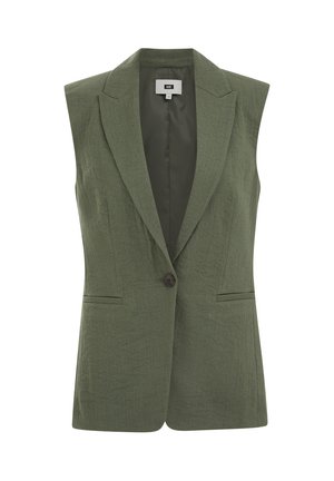 Blazer sans manches vert olive avec revers crantés, fermeture à un bouton, deux poches à l'avant et doublure intérieure.