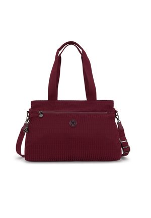 Burgundy handbag with textured fabric, dual top handles, adjustable shoulder strap, front zipper pocket, and logo detail.