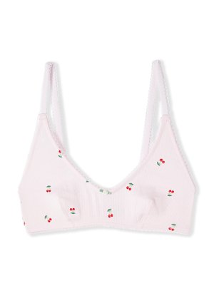 Hellrosa weicher Stoff-BH mit dünnen verstellbaren Trägern und kleinen roten Kirschmustern, die über den BH verteilt sind.