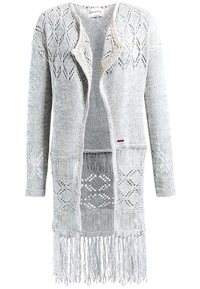 Hellgraue Strickjacke mit offenem Vorderteil, Rautenmuster und fransensaum. Verfügt über eine strukturierte Stoffoberfläche und einen zarten Spitzenbesatz entlang der Kanten.