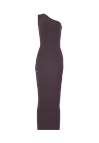 Ein schulterfreies, figurbetontes Kleid in einem tiefen Violettton. Hergestellt aus dehnbarem Stoff mit schlanken Linien und dezenten seitlichen Details. Lange, körperbetonte Silhouette.