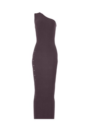 Eén-shoulder, aansluitende jurk in diep paarse kleur. Gemaakt van rekbare stof met strakke lijnen en subtiele zijdetails. Lange, nauwsluitende silhouet.