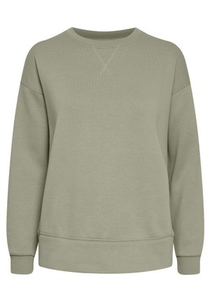Sudadera verde claro de suave mezcla de algodón, con cuello redondo, puños acanalados y un corte holgado con un detalle de punto cruzado.