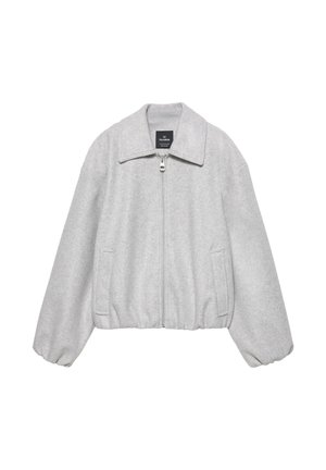 Jasnoszara kurtka polarowa z zamkiem błyskawicznym z przodu, szerokim kołnierzem, elastycznymi mankietami oraz dwoma bocznymi kieszeniami, pokazana na białym tle.