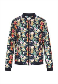 Giacca bomber floreale con base blu scuro, motivi fioriti vivaci, polsini a costine e chiusura frontale con zip.