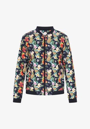 Floralna bomber jakna s tamnoplavom podlogom, živopisnim cvjetnim uzorcima, rebrastim manžetama i prednjim zatvaračem.