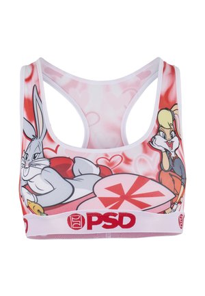Brassière de sport avec illustrations de Bugs Bunny et Lola Bunny, fond de cœurs rouges et roses, et logo PSD sur la bande.
