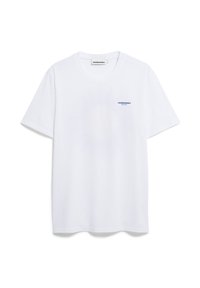 Witte katoenen t-shirt met korte mouwen en een ronde hals. Bevat een klein blauw bedrukt logo op de linkerborst. Strak design, geen patronen.