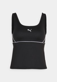Canotta sportiva nera con scollo a girocollo, caratterizzata da un logo Puma bianco e cuciture bianche lungo il busto. Tessuto liscio.