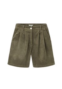 Shorts en velours côtelé de couleur vert olive, avec un devant plissé, des poches latérales et une fermeture à bouton à la taille. Tissu texturé à côtes.