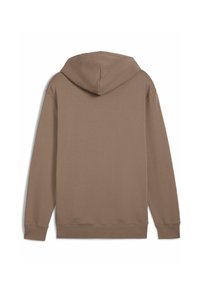 Sudadera con capucha en tono topo, con mangas largas, puños acanalados y borde acanalado. Tela suave con una textura lisa y sin logotipos visibles.