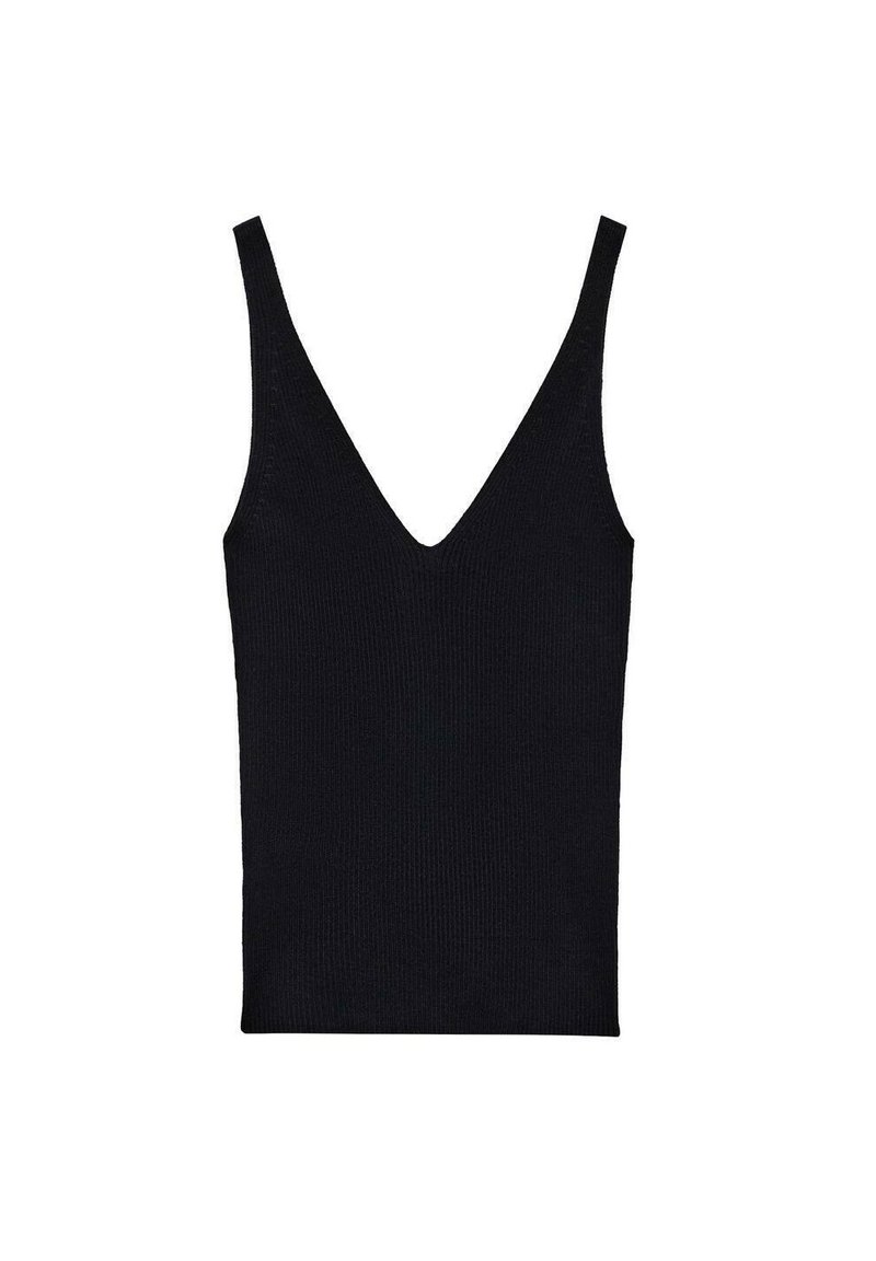 Czarny prążkowany top na ramiączkach z głębokim dekoltem w kształcie litery V, z szerokimi ramiączkami i dopasowanym krojem. Miękka tekstura i minimalizm w designie.