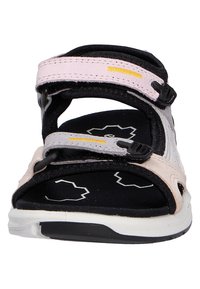 Sport sandal i svart, rosa och grå med justerbara kardborreband, mönstrad fotbädd och en dämpad sula för komfort.