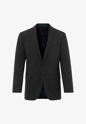 Donkergrijze blazer van textuurstof. Heeft een enkelvoudige sluiting, twee voorklauwen en een blauwe binnenvoering.