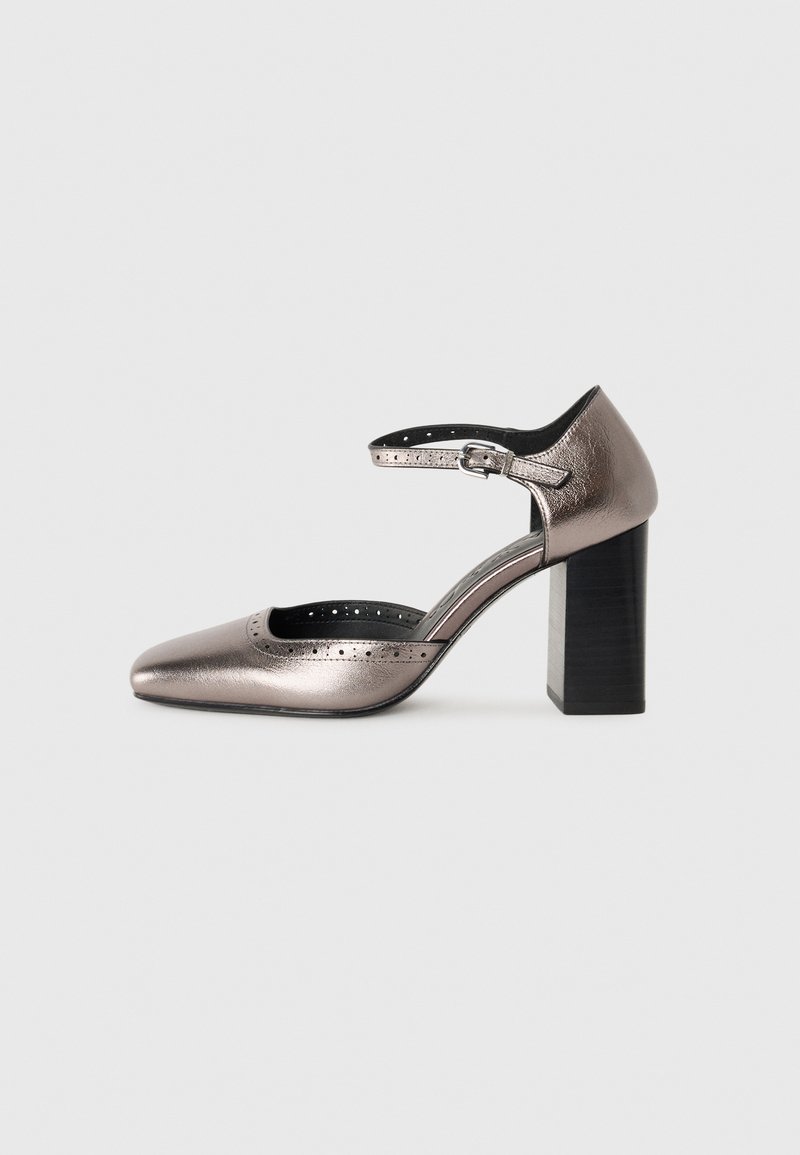 Metallic dark gray high-heeled shoe with pointed toe and an ankle strap. Features perforated detailing and a chunky black heel.