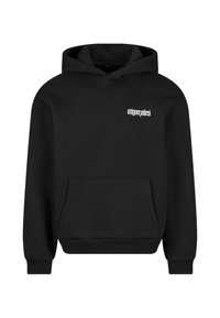Schwarzer Hoodie mit einer vorderen Tasche, gerippten Bündchen und einer verstellbaren Kapuze. Mit weißem Textlogo im Brustbereich. Aus weichem Stoff gefertigt.