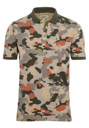 Kurzärmliges Poloshirt mit einem mehrfarbigen Camouflage-Muster in Beige-, Grau-, Grün- und Orangetönen. Weicher Baumwollstoff.