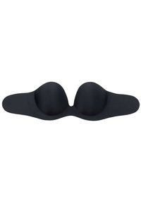 Reggiseno adesivo nero con due coppe rotonde, bordi senza cuciture, texture liscia e ali larghe per una vestibilità sicura senza spalline.