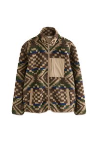 Fuzzy jacket in browns, greens, and blues with a geometric pattern; features a zip front, stand collar, and a beige chest pocket.