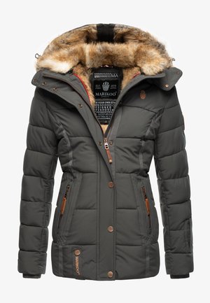 Gray padded jacket with a fur-lined hood, featuring orange accents, multiple zippered pockets, and a branded logo tag on the hem.