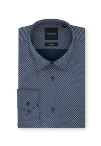 Granatowa koszula slim fit z geometrycznym wzorem w białe romby, z kołnierzykiem zapinanym na guziki oraz mankietami z guzikami w kontrastowym kolorze.