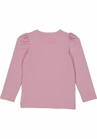 Langärmliges, hellrosa Oberteil aus weicher Baumwolle. Verfügt über gepuffte Ärmel und einen runden Hals mit glatter Textur und einfachem Design.