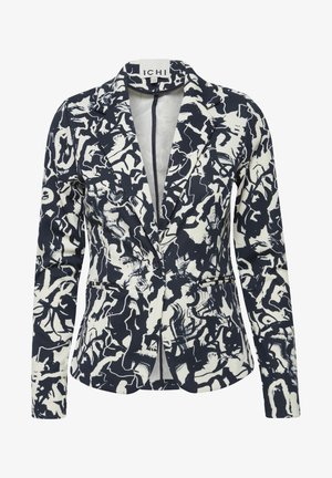 Blazer bleu marine et blanc avec un motif abstrait, design ajusté, revers crantés, deux poches avant et fermeture à un bouton.