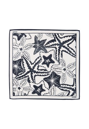 Foulard quadrato con motivi di stelle marine in bianco e nero, linee dettagliate e testo "JOOP!" nell'angolo.