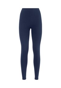 Marineblauwe legging gemaakt van zachte, rekbare stof. Hoge tailleband, aansluitend ontwerp, geen zichtbare naden of patronen.