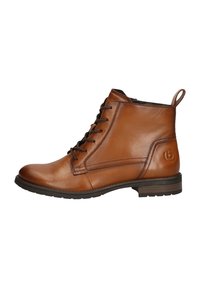 Braune Leder-Ankle-Boots mit Schnürsenkeln, abgerundeter Zehenpartie und gestepptem Design. Verfügt über einen ausgeprägten Absatz und eine Zuglasche auf der Rückseite.