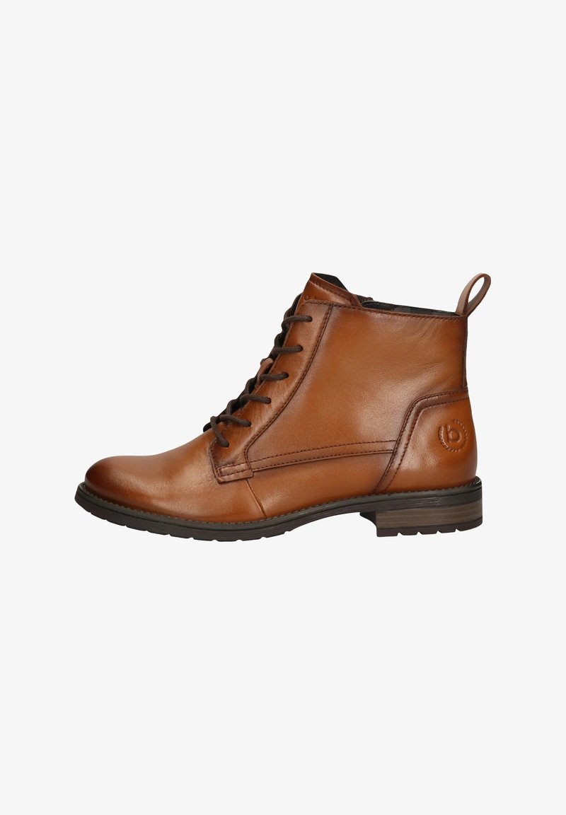 Braune Leder-Ankle-Boots mit Schnürsenkeln, abgerundeter Zehenpartie und gestepptem Design. Verfügt über einen ausgeprägten Absatz und eine Zuglasche auf der Rückseite.