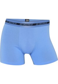 Ljusblå boxertrosor gjorda av mjukt tyg, med ett marinblått elastiskt midjeband med "JBS UNDERWEAR"-logotyp, slät yta och åtsittande design.