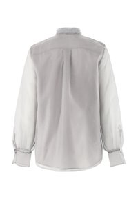 Helles graues Blusenshirt mit durchsichtigen weißen Ärmeln, Rüschensaum, geknöpften Manschetten und einer geraden Rückennaht. Weicher, leichter Stoff mit dezentem Glanz.