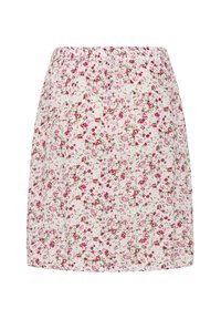 Jupe blanche avec petit imprimé floral rouge et rose et taille élastique.