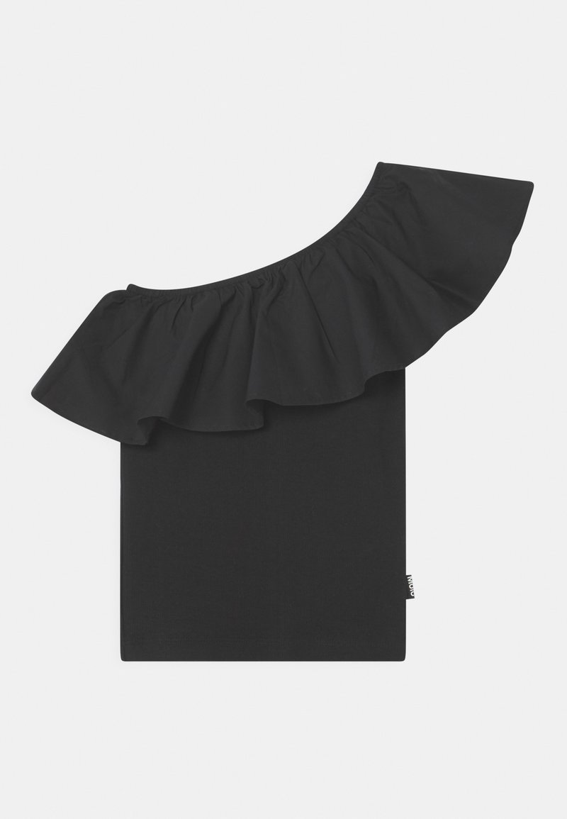 Haut noir à épaule dénudée avec un col volanté, des manches courtes et un design de corps uni. Fabriqué à partir d'un tissu doux avec une texture lisse.