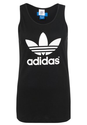 Czarny bezrękawnik Adidas z dużym białym logo Trefoil i napisem „adidas” z przodu.