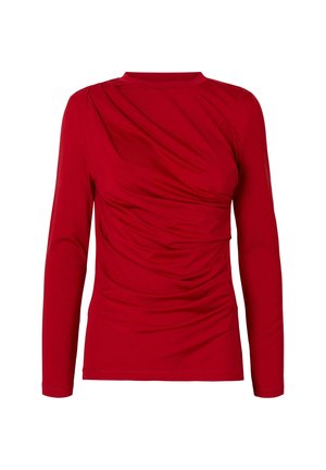 Rotes Langarmoberteil mit Rundhalsausschnitt und gerafften, rüschendetails an der Vorder- und Seitenpartie.