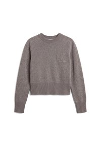 Pull en maille gris manches longues avec poignets et ourlet côtelés, présentant un discret logo en relief "cK" sur la partie supérieure gauche de la poitrine.