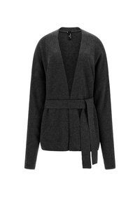 Cardigan grigio scuro in tessuto morbido, con design avvolgente, cintura incorporata, maniche lunghe e scollatura profonda a V.