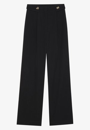 Pantalons larges noirs à taille haute, avec des détails de boutons à la taille et des plis sur le devant.