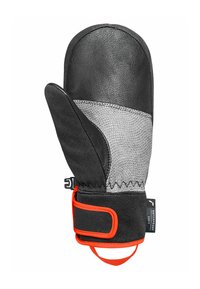 Schwarzer Handschuh aus Leder und grauem Textil mit enger Passform, verstellbarem orangefarbenem Riemen und Klettverschluss zur einfachen Befestigung. Wasserdichtes Material.